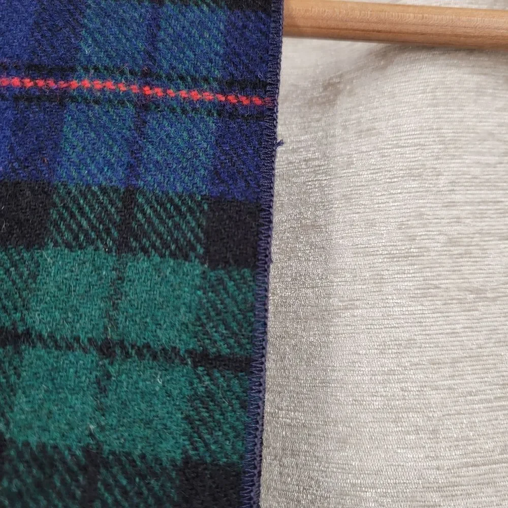 Vintage Wool Tartan Plaid Navy Blue and Green Scarf with Short Fringe